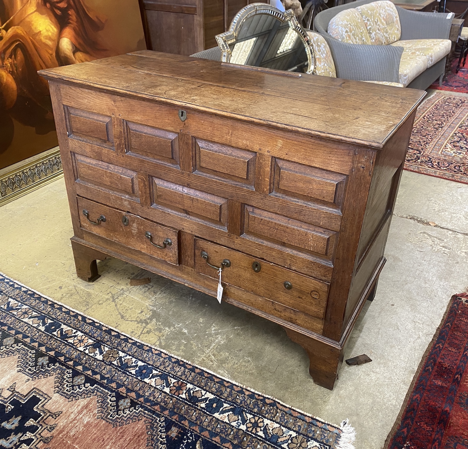 A George III oak mule chest, width 126cm, depth 60cm, height 93cm